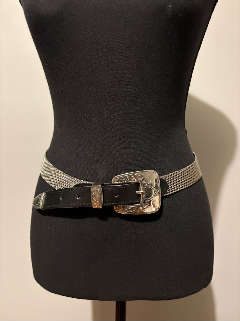 Women's Silver Mesh Belt with Black Leather Strap